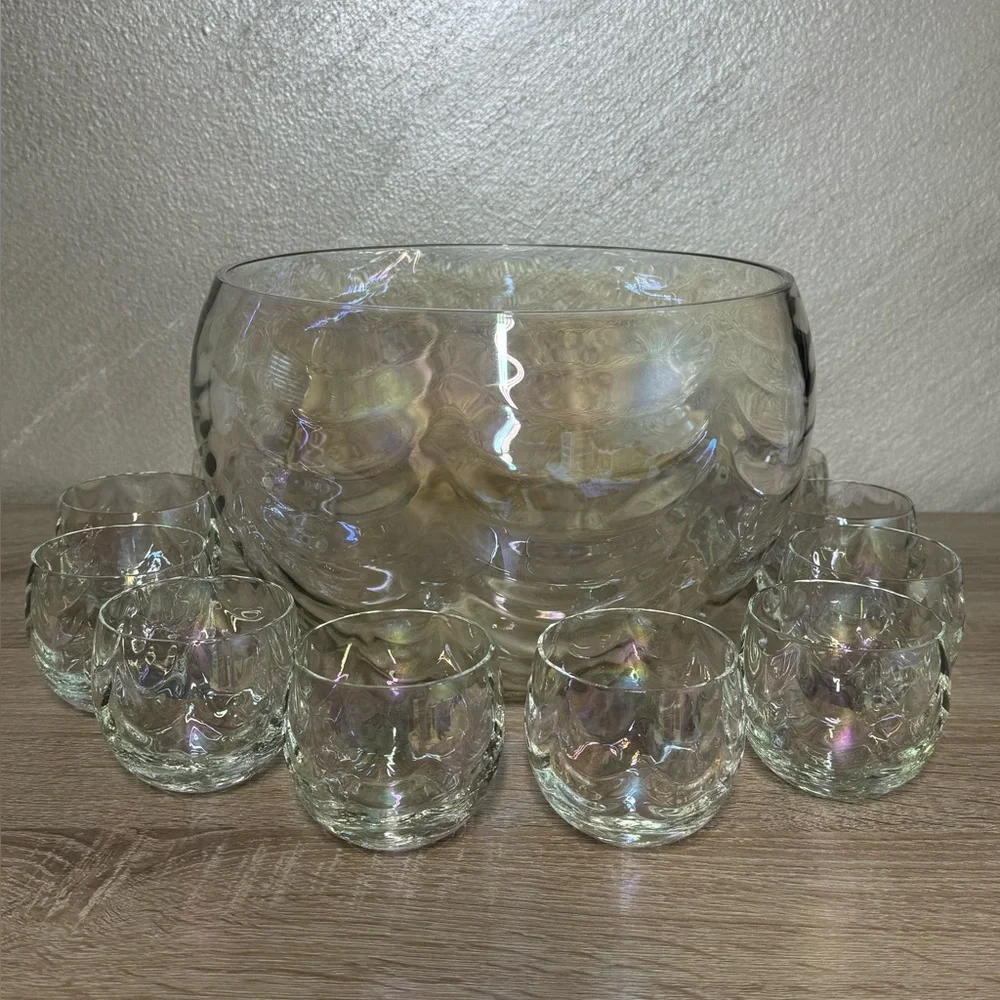 Iridescent Luster Punch Bowl & 10 Cups Mermaid Scales West Virginia Glass